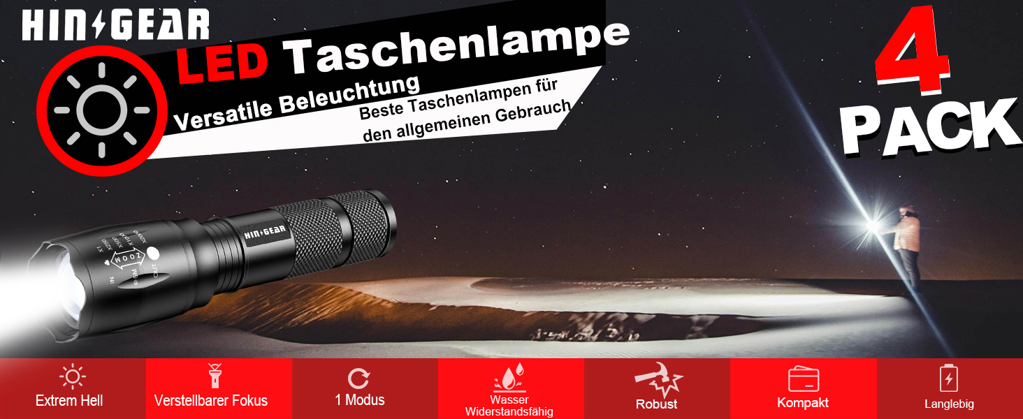 Набір ліхтариків Modus Extrem Hell 4 шт. - потужні LED ліхтарики з алюмінію, 2000 люмен, водонепроникні (IP65), з функцією зуму, для кемпінгу, туризму, надзвичайних ситуацій, подарунок, чорний