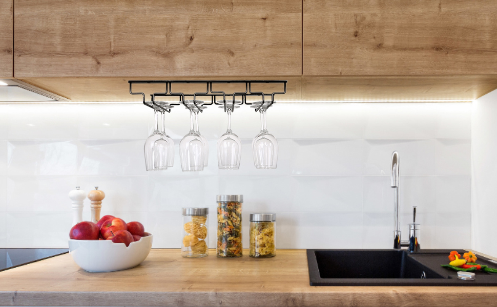 Тримач для келихів вина під шафу, металевий, 4-х рядний, на 8-12 келихів, антикорозійний, для бару, кухні, кафе (знімний), чорний