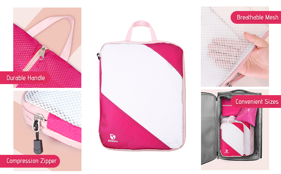 Набір органайзерів для валізи AiQInu, 5 шт. з компресією, для подорожей, рожевий