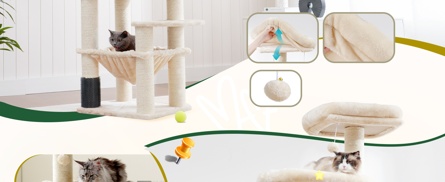 Кігтеточка XXL для мейн-куна, 168 см, з гамаком, сизаловим стовпом (φ11 см), когтеточкою, 2 платформами, будиночком, корзиною, бежева EMPJ01M