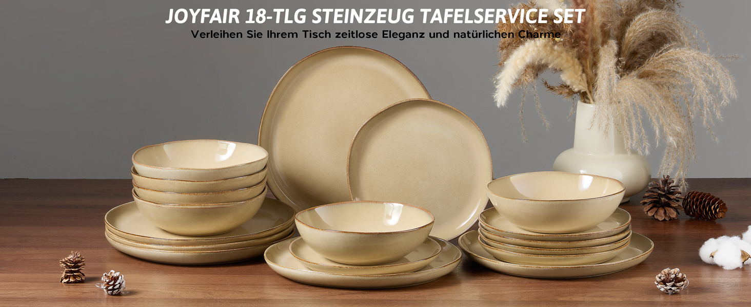 Набір посуду Joyfair на 6 осіб, 18 предметів, з каменю, тарілки, миски, для мікрохвильовки та посудомийної машини, реактивний пісковий хакі