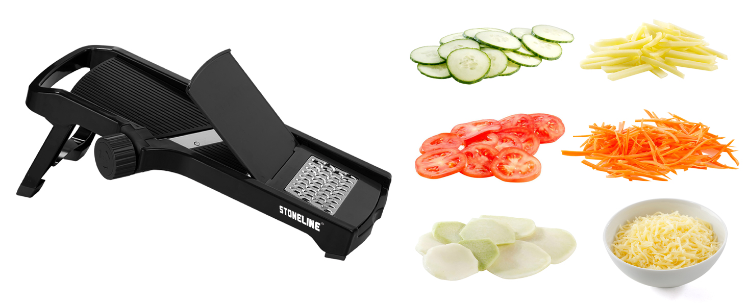 Набір для нарізання овочів STONELINE V з 9 частин: для нарізання слайсами, соломкою, кубиками, спіралями. З нержавіючої сталі, чорний.
