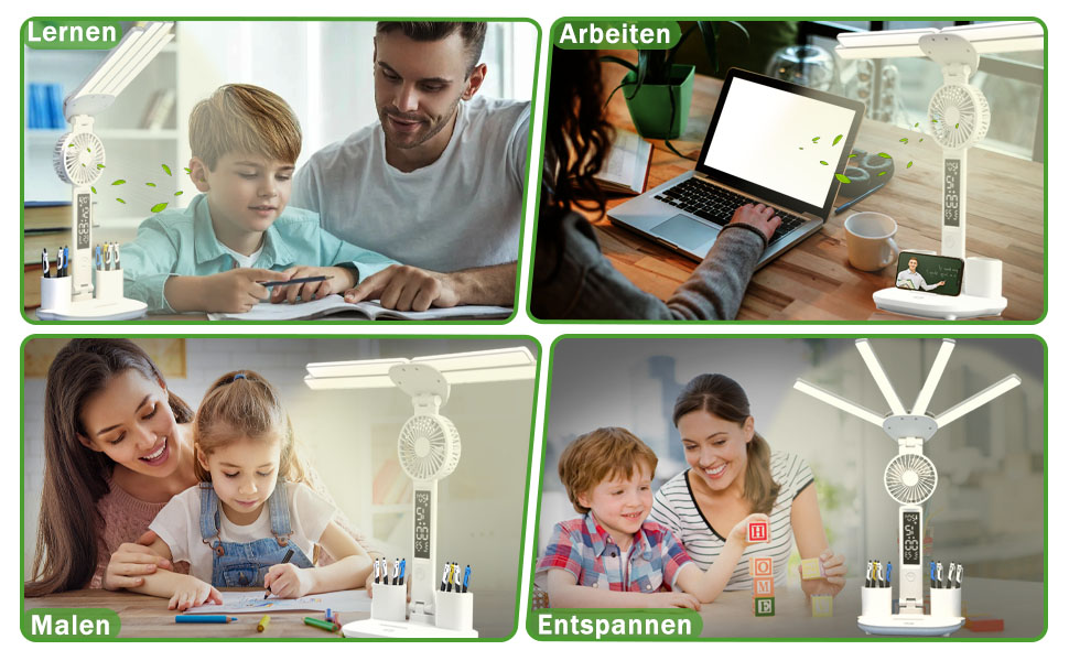 LED-лампа настільна з вентилятором для дітей WLHONG з годинником, тримачем для ручок, календарем та датчиком температури, 3 режими кольору, регульована яскравість, ідеальна для читання