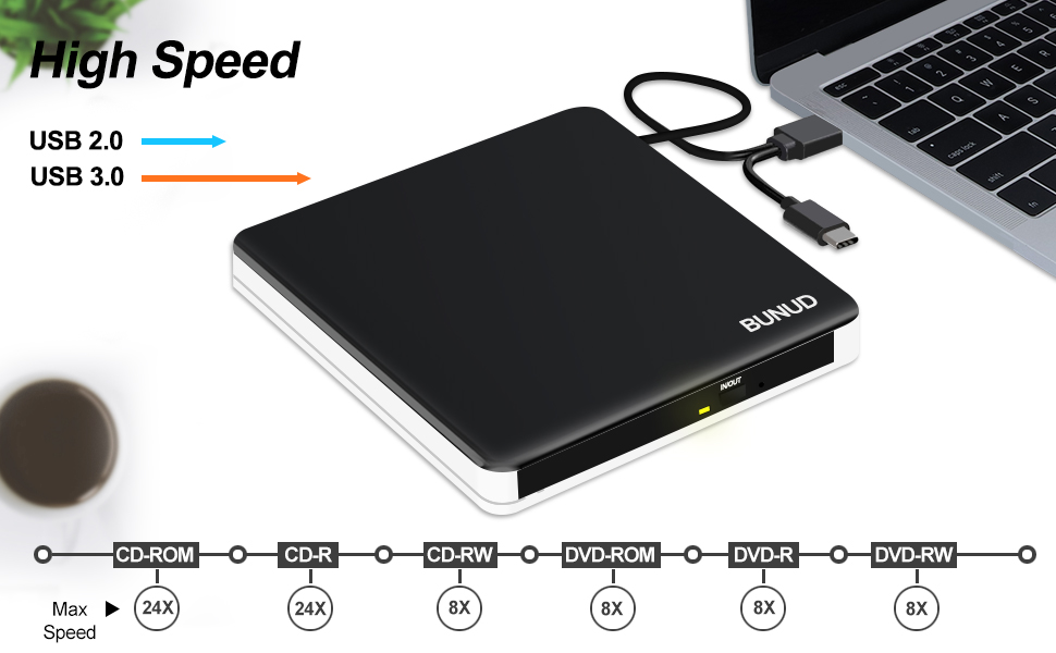 Зовнішній CD/DVD привід BU USB 3.0 & Type-C, DVD+/-RW ROM записувач з картридером SD/TF та USB-портами для ноутбука, PC, MacBook, Windows 11/10, macOS (чорний/білий)