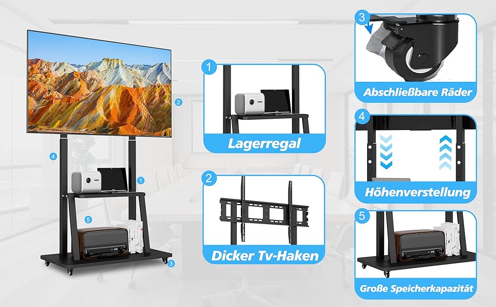 Мобільна підставка для телевізора з колесами 42-100 дюймів, регульована по висоті, VESA 900x600, до 82 кг