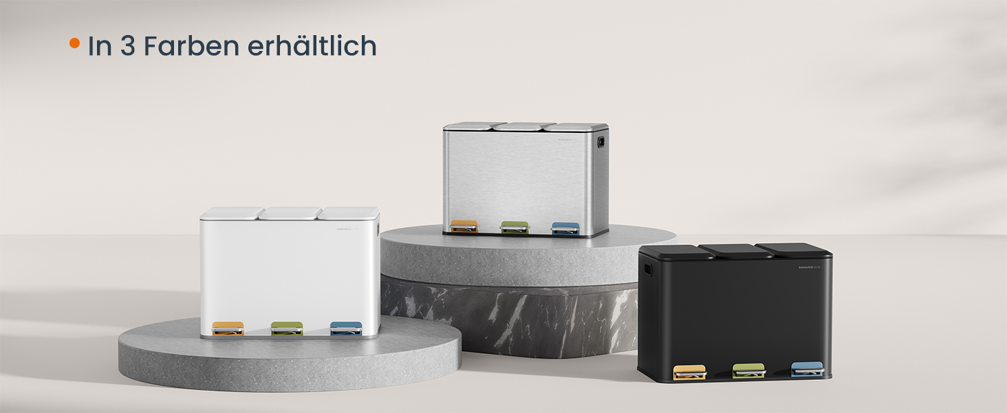 SONGMICS Відро для сміття кухонне, 3 відсіки по 15 л, з педалями, сортувальник сміття, з кришками та внутрішніми відрами, сталь, білий LTB740W02V1