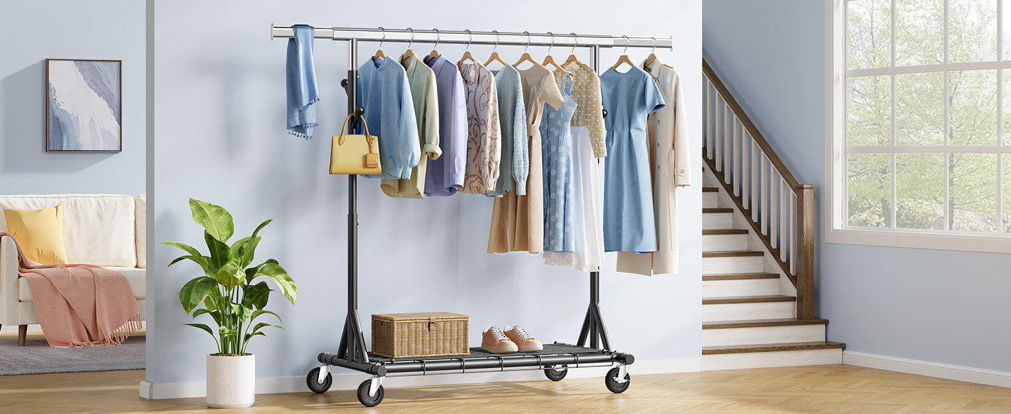 Легкий мобільний вішак для одягу на колесах FAVOOOSTY, металевий, до 200 кг, чорний, 1 стяжка