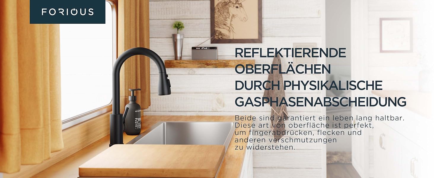 Кран кухонний FORIOUS з висувною лійкою, 360° обертання, 2 режими, матовий чорний