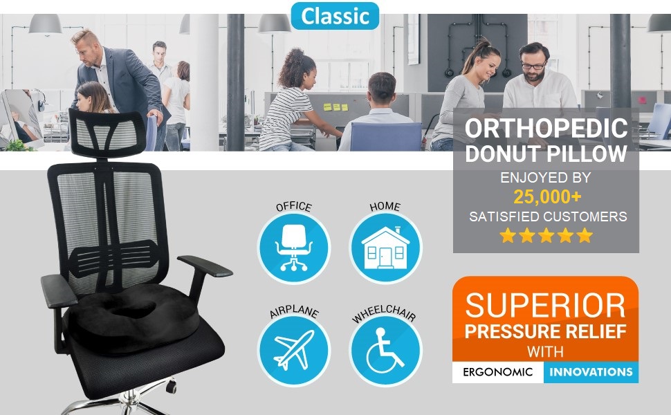 Подушка для сидіння при геморої Ergonomic Innovations: підтримка та полегшення болю, ортопедичний кільцевий сидіння, для профілактики пролежнів, після операції, чорний