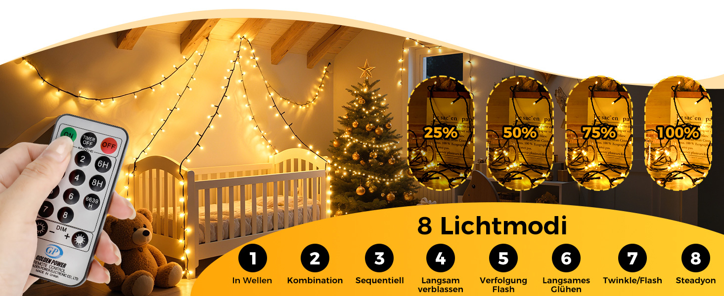 Гірлянда світлодіодна для прикраси ялинки та інтер'єру, 25м, 250 LED, тепле біле світло, 8 режимів, пульт, таймер, IP44, для дому та саду