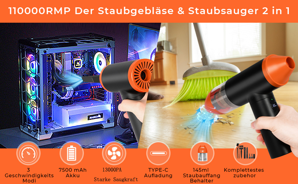 Електричний пилосос-фен 3-в-1 Staubgebläse: потужний, для чищення клавіатури, дивану, авто (110000 об/хв, 13000 Па)