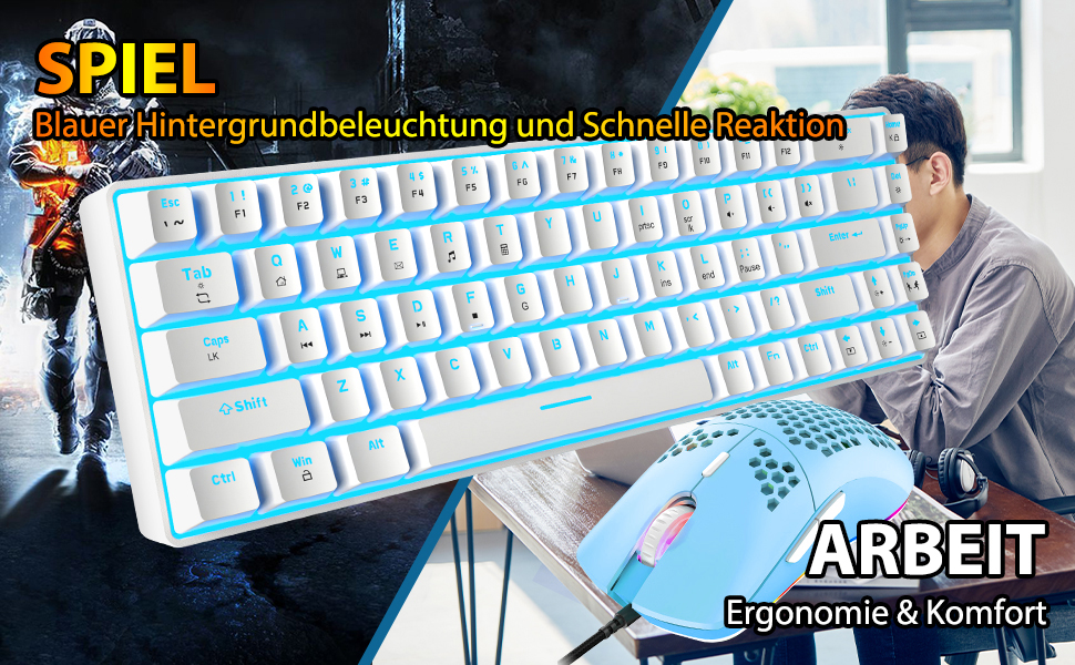 RGB ігровий комплект клавіатури та миші: компактна клавіатура 68 клавіш з червоним перемикачем, миша 6400DPI з програмуванням, сумісна з Windows, Mac, PS4, білий (BlueSwitch CoolBlue Backlit Keyboard White + Green Mouse)