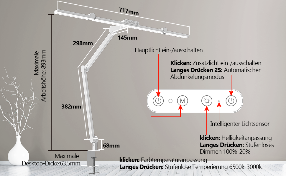 LED настільна лампа 24W з регулюванням яскравості, 1500 люменів, для дому та офісу, з підсвічуванням, гнучка, енергоклас G, біла