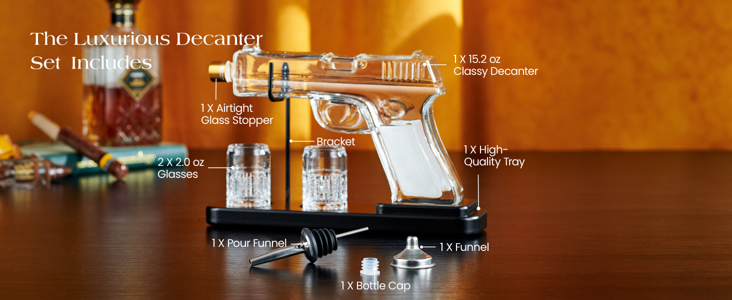 Kollea 15 Oz Gun Whiskey Decanter and 2.0 Oz Glasses Set, Whiskey Dispenser for Schnapps, Bourbon, Whiskey Gift Sets for Men, Fathers, Brothers, Unique Gifts for Father's Day, Birthday, Anniversary