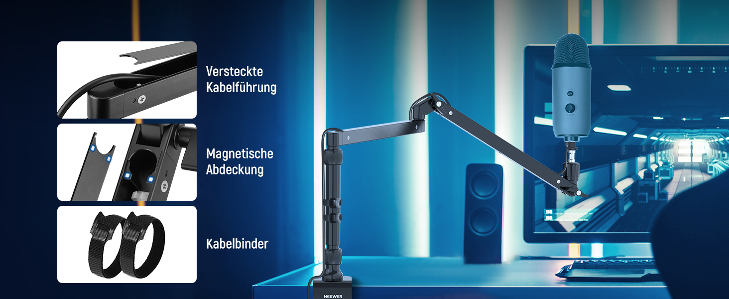 NEEWER MST002 Тримач для мікрофона з низьким профілем, регульований, з демпфером, для подкастів, ігор, стрімінгу, з кабелеуправлінням