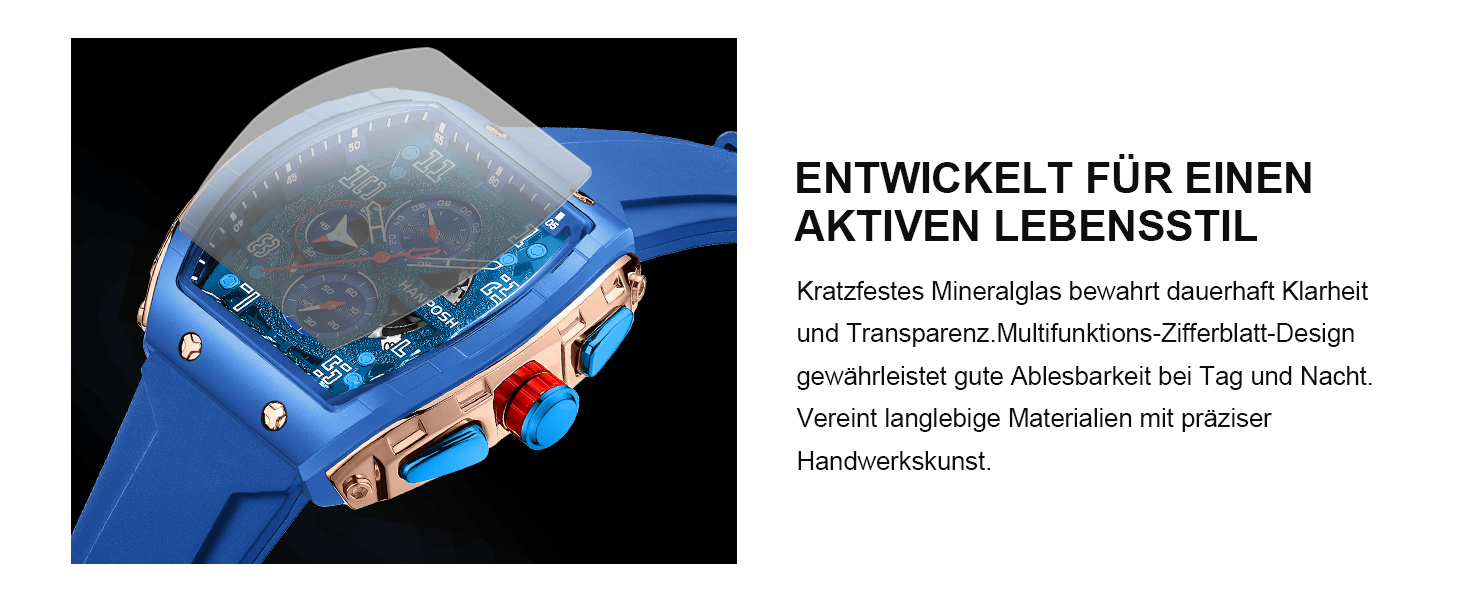 HANPOSH Годинник чоловічий на зап'ясті Аналоговий кварцовий годинник Водонепроникний спортивний годинник Arc Тактичний годинник (Синій, Золотий)