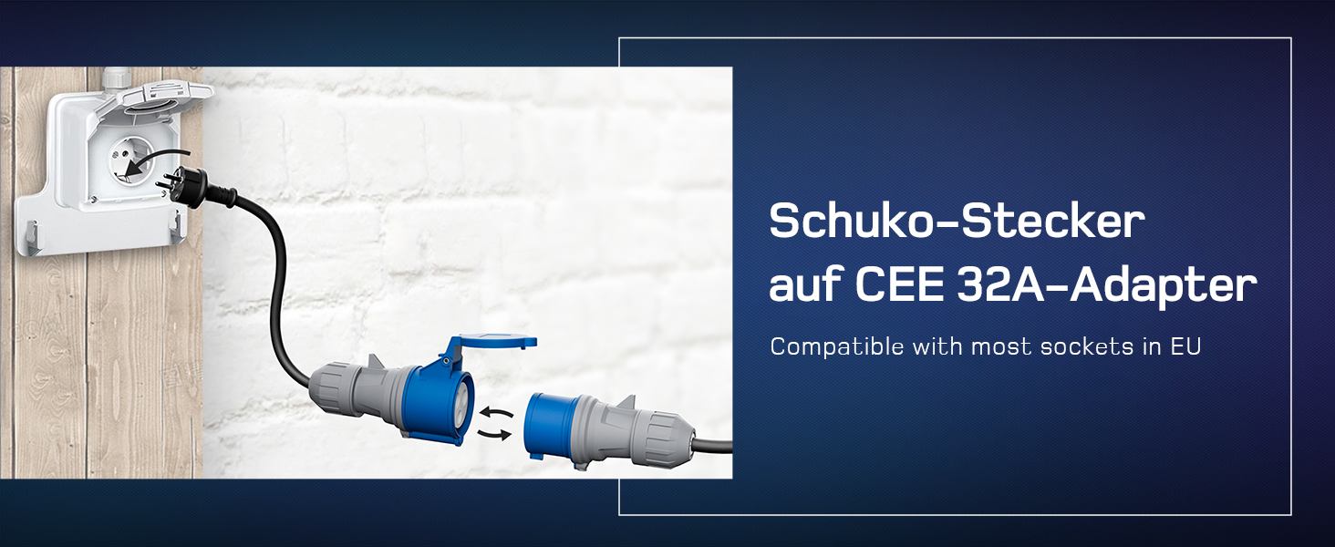 Мобільна зарядна станція (Wallbox) 11 кВт, 3-фазна, 7м, 6-16A з регульованою потужністю, кабель CEE 16A на Typ 2, для електромобілів Model Y/3, ID.3/4/5, MG4, EX30, e-up, e-tron, Zoe та інших EV (CEE 7 кВт, 15м)