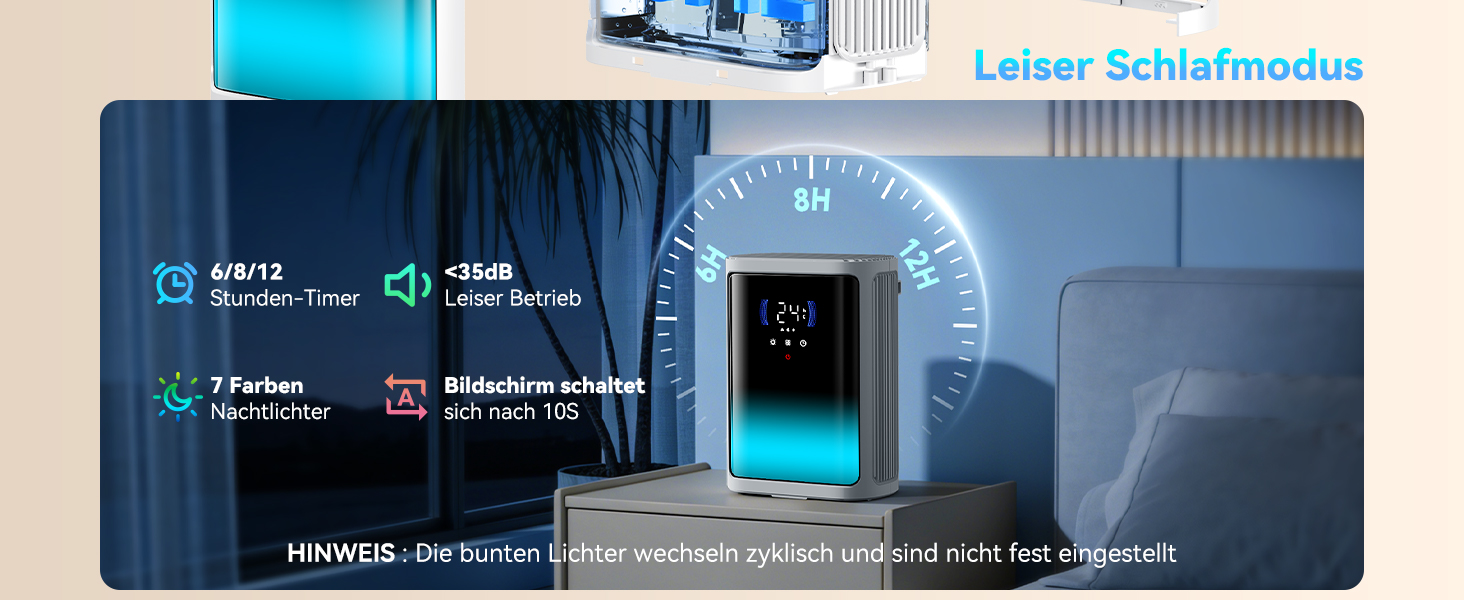 Електричний осушувач повітря Leise для сушіння одягу з таймером, автовимкненням та 7-кольоровими індикаторами (850 мл/год, 24 дні)