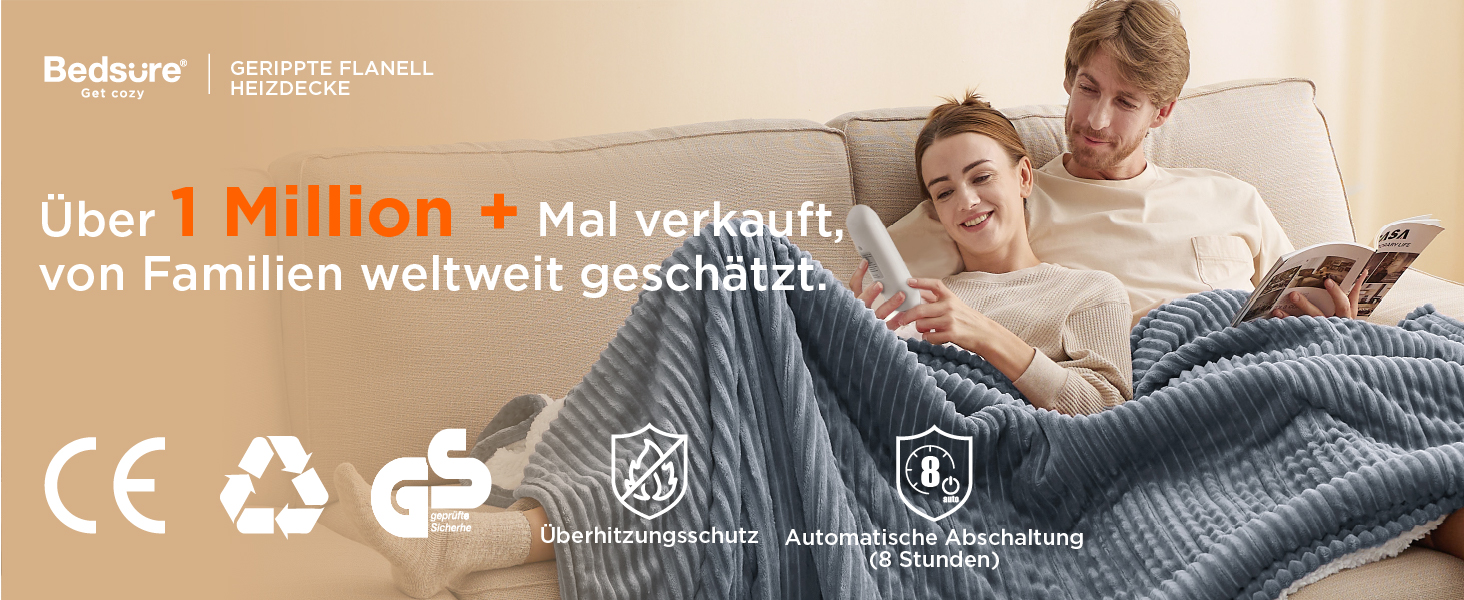 Електрична ковдра BEDSURE з автовимкненням 180x200 см - тепла ковдра з 6 рівнями нагріву та таймером на 10 годин, захист від перегріву до 8 годин, для дому та офісу, смугаста сіра ковдра 180 x 200 см сірого кольору