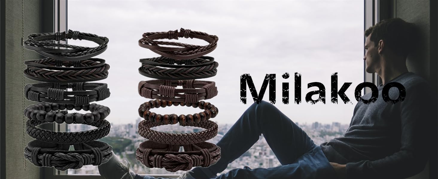 Плетені шкіряні браслети MILAKOO для чоловіків та жінок, регульовані, стильні, чорні