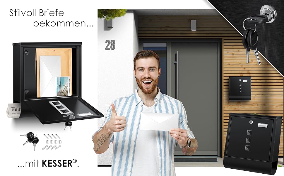 Поштова скринька KESSER® з газетним відділенням, іменним шильдиком, оглядовим вікном, нержавіюча сталь, чорний матовий, 3 ключі, настінний монтаж, велика, з матеріалом для кріплення