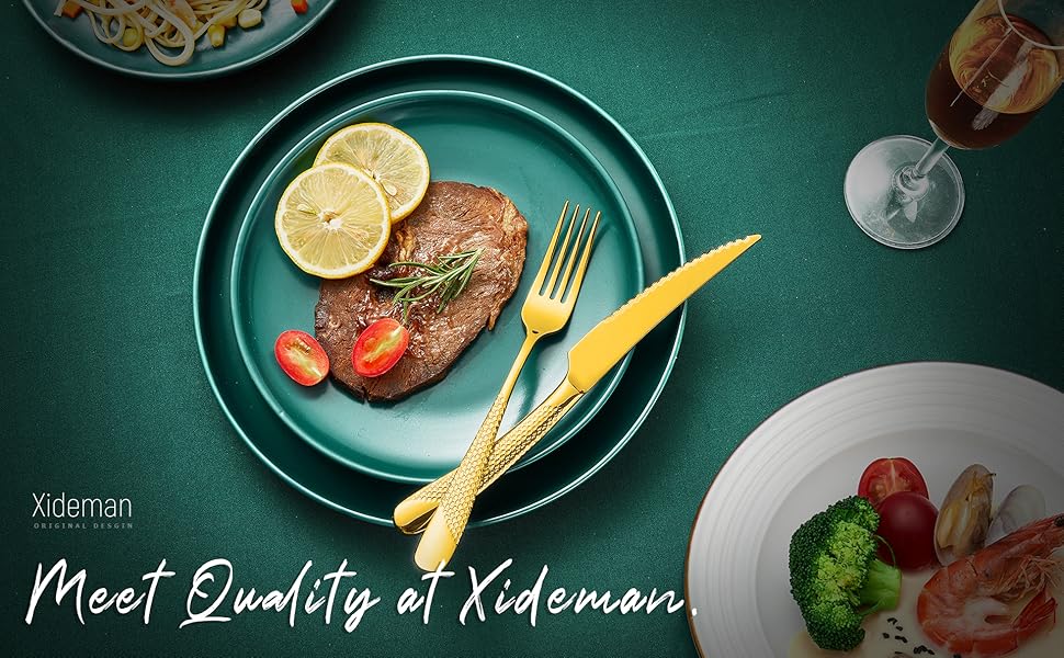 Набір столових приборів 24 предмети з нержавіючої сталі 18/10, золотий колір, на 6 осіб: ніж, виделка, ложка, з двостороннім зазубреним лезом, для посудомийної машини