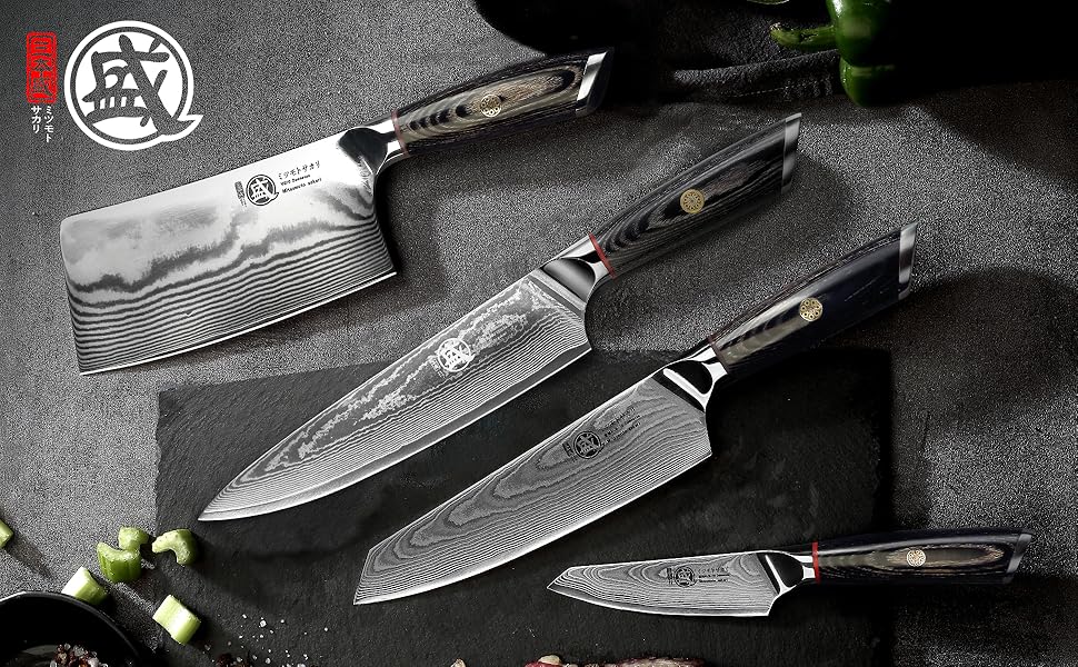 Ніж кухарський Mitsumoto Sakari Gyuto 20 см, AUS-10 Дамаст, ручка з пакавуду, в подарунковій дерев'яній коробці
