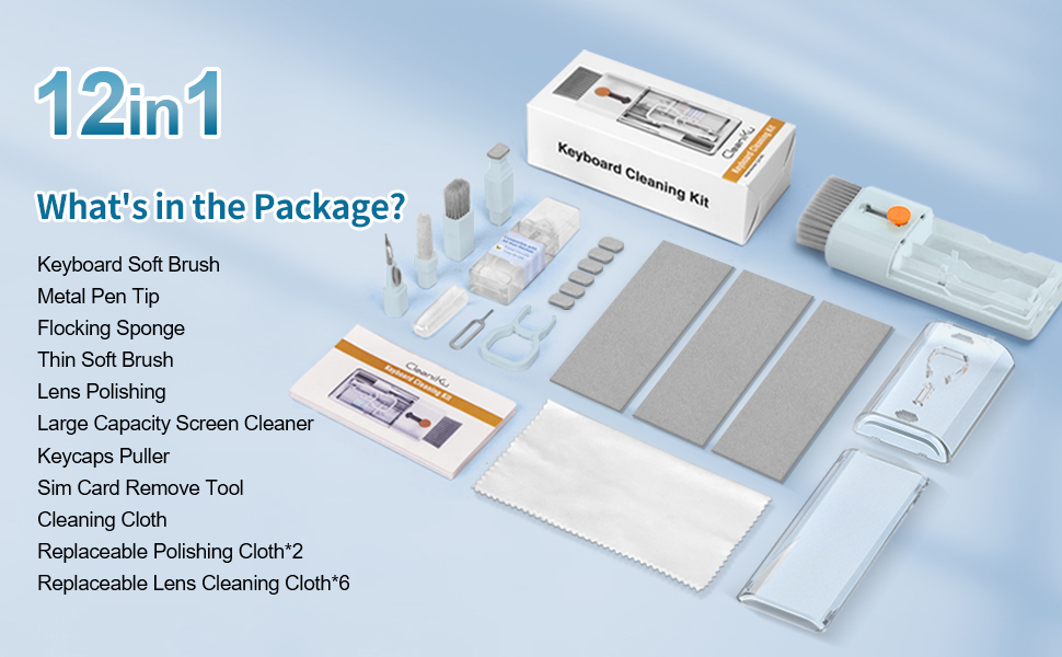 Набір для чищення клавіатури 12 в 1: очищувач екрану, клавіатури, телефону, MacBook, ПК (блакитний)