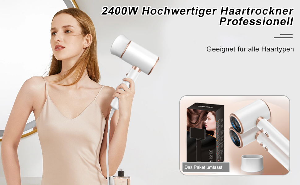 Професійний фен CUBTEM 2400W з іонізацією, для подорожей, з захистом від перегріву, білий