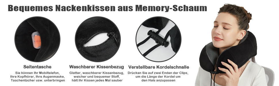 Подушка для шиї у вигляді U, Memory Foam, для подорожей, авто, офісу, дорослі, з маскою для сну та навушниками, чорна