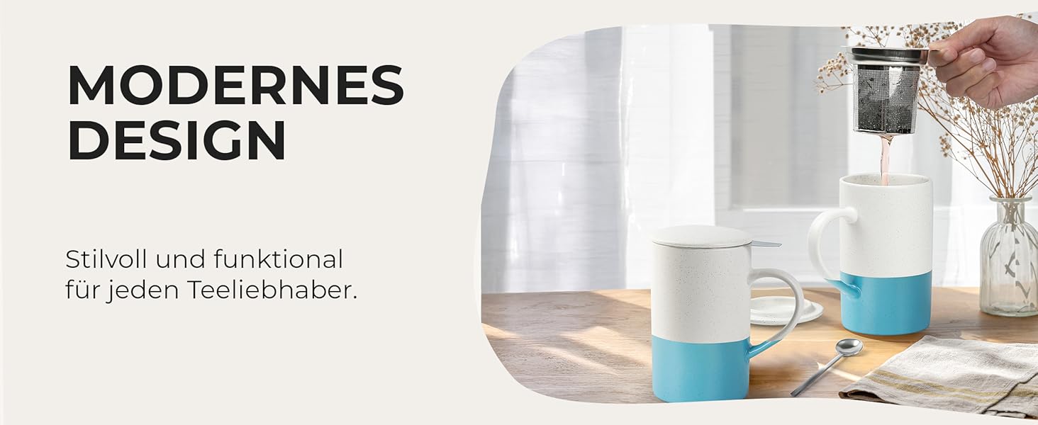 Набір чайних чашок Miamio 2 x 500 мл з кришкою та ситом, з чайним ситечком та ложкою, для заварювання листового чаю, подарунок для жінок, безпечно для мікрохвильової печі та посудомийної машини (блакитний)