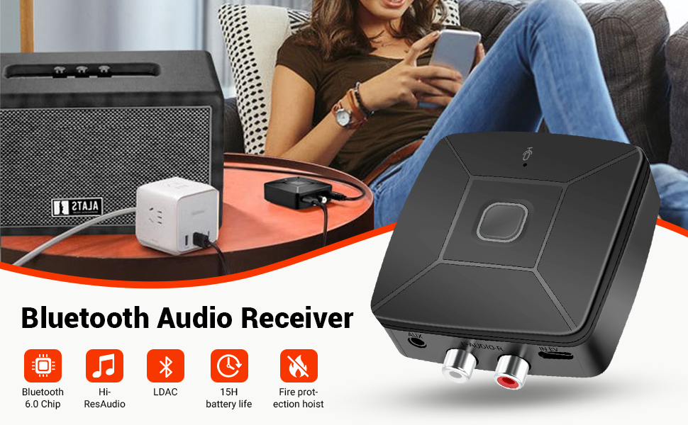 Bluetooth аудіоприймач 6.0 з LDAC Hi-Res декодуванням, сертифікований Hi-Res Audio, з 3.5mm та RCA виходами, сумісний з колонками, підсилювачами, автомагнітолами