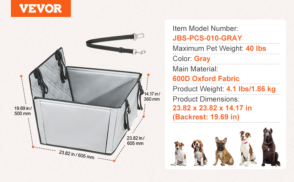 Автокрісло для собак VEVOR, водовідштовхувальне, з підставкою, з поворотцем, для собак до 22 кг (Сірий)