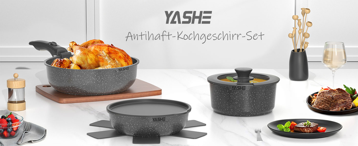 Набір каструль та сковорідок YASHE 9 шт. з антипригарним покриттям, білий (сірий), для всіх плит, знімний ручка, сумісний з духовкою, компактний, складений