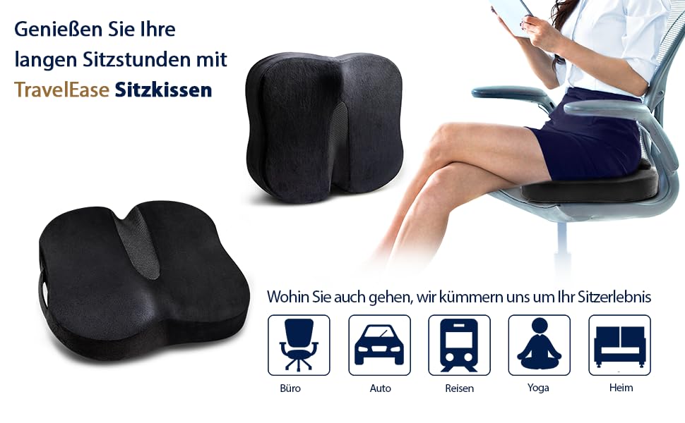 Подушка для сидіння Travel Ease з гелевою пам'яттю, преміум-якість, для офісного крісла, автокрісла, геймінгового крісла (Чорний, Memory Foam)