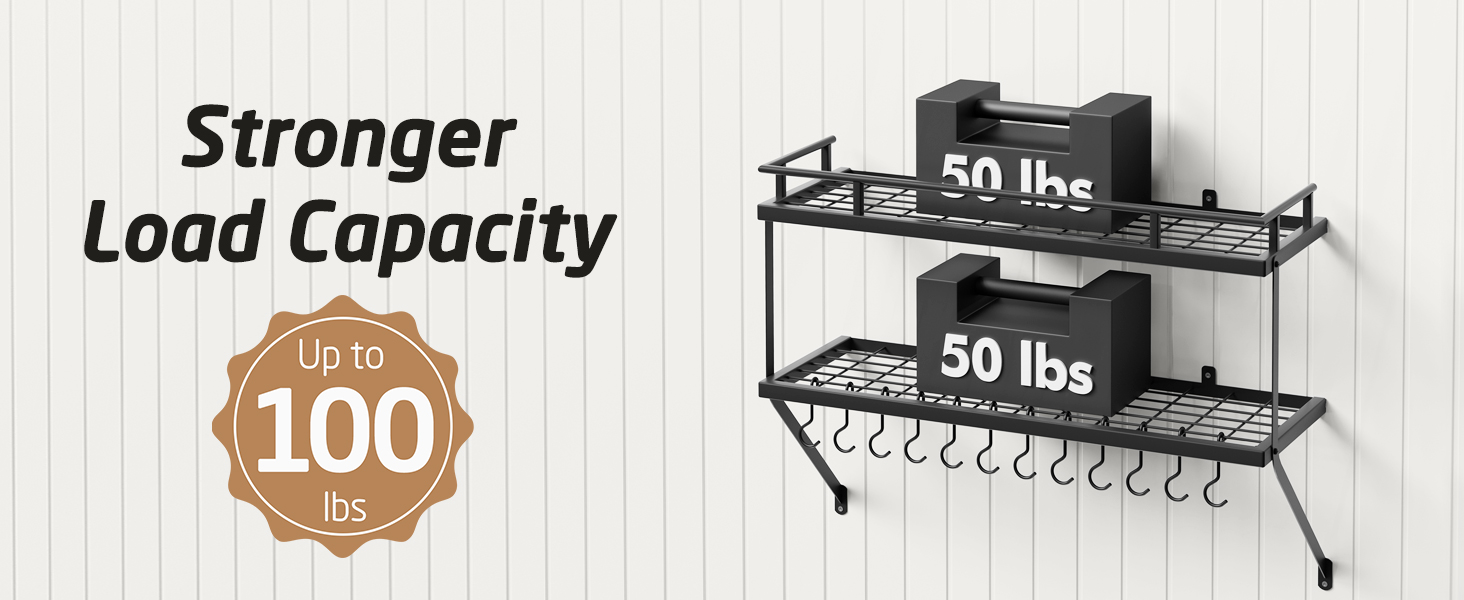KES Double Kitchen Shelf Pan Holder Kitchen Utensil Holder Kitchen Pan Holder with 12 Hooks Hanging Shelf Pot Wall Shelf 75CM Wall Mounting Matt Black, KUR215S75B-BK