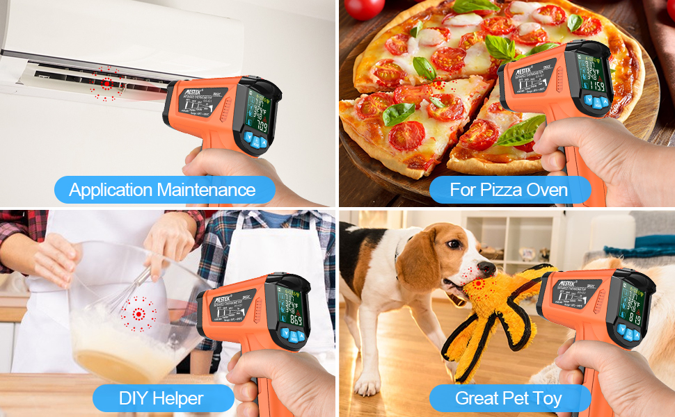 Інфрачервоний термометр MESTEK з лазерним цілевказівником та K-зондом (-50°C ~ 800°C) - безконтактний вимірювач температури з LCD дисплеєм, сигналом тривоги та регулюванням коефіцієнта випромінювання для кухні (Orange)