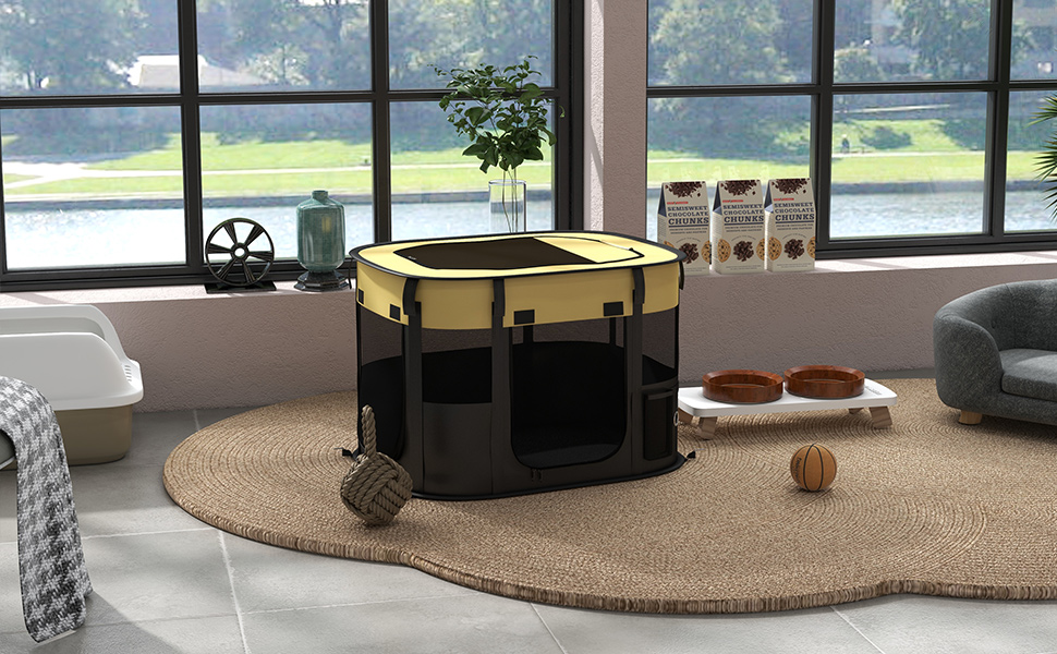 Клітка для собак PawHut, 94 x 74 x 60 см, розмір S, жовта, складана, з сумкою для зберігання