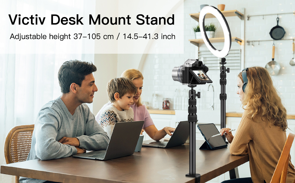 Кріплення для камери Victiv, 37-105 см, настільний штатив для DSLR Canon, світловий штатив, затискний штатив з гнучким підлокотником та 1/4' кульовою головкою для камер, LED-світла, веб-камер, смартфонів (Чорний)