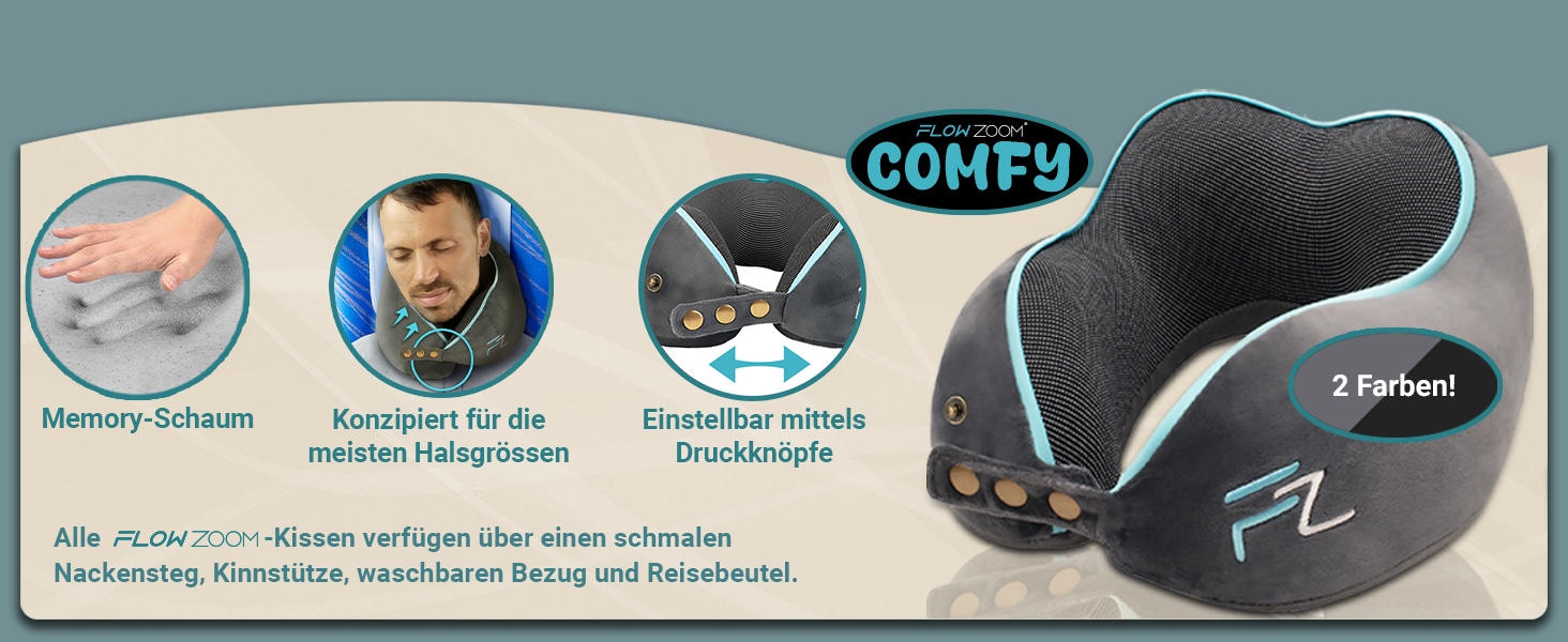 Подушка для шиї FlowZoom Dream Pro з додатковою бічною підтримкою та регульованим липучкою кріпленням - подушка для подорожей в літак з піною з пам'яті - з чохлом та подарунковою упаковкою - Сірий
