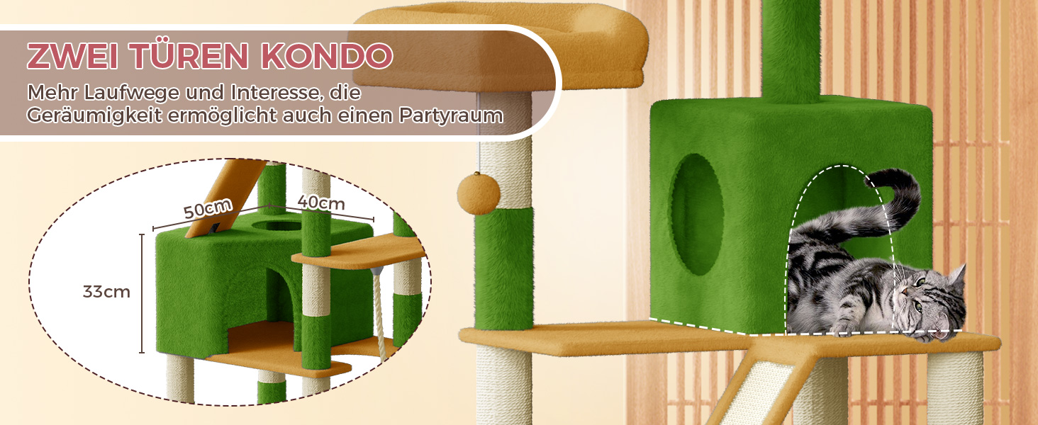 Великий котячий комплекс Kratzbaum 208 см з 3 анти-нахилом, 15 стовпчиками для дряпання, 2 платформами, 2 ховалами, 1 рампою для дряпання та гамаком. Стабільний котячий будиночок для великих котів (зелений + жовтий)