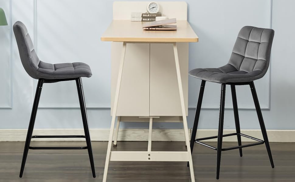 Velvet Bar Stools Set of 2 with Backrest - 66cm Counter Height - Grey
