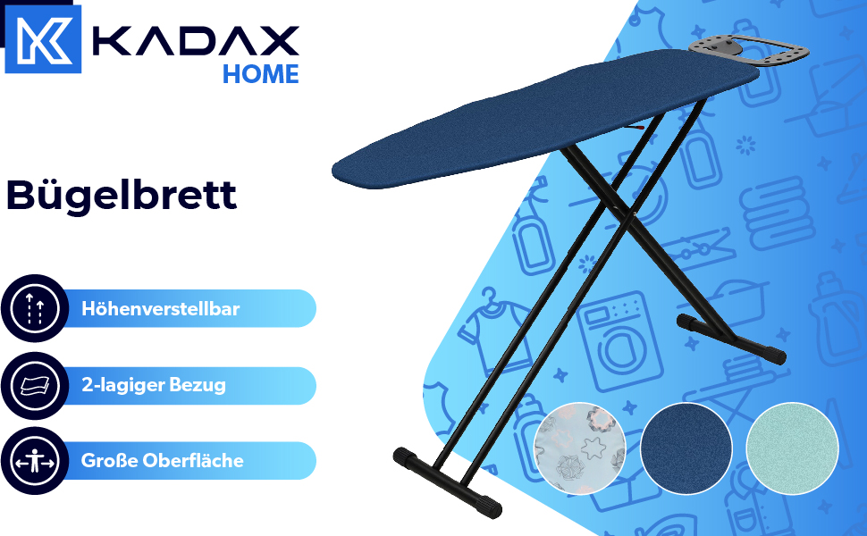 КADAX Прасувальна дошка, 120x38 см, складна, регульована висота, для прасування з парою, з антиковзними ніжками, з підкладкою з піною 8 мм (Темно-синій)