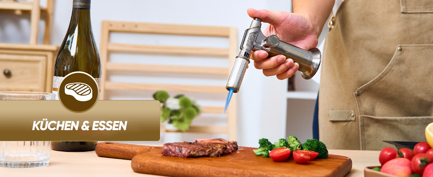 Професійний газовий пальник-фламбе SAKER для кулінарних страв та DIY: бутановий пальник з п'єзорозпалом для крем-брюле, паяння та рукодія, сріблястий