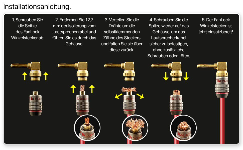 Бананові конектори Nakamichi FanLock Excel-Serie, позолочені правокутні роз'єми для акустичних кабелів Hi-Fi та домашнього кінотеатру, 10-18 AWG, 4 мм, 4 шт (2 пари)