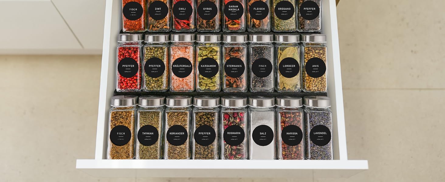 Square Spice Jars [24 x 120 ml] Spice Containers with 301 Labels, Stainless Steel Lids | Spice Jar Set | Spice Storage, Spice Glass, Spice Organizer, Shaker Insert