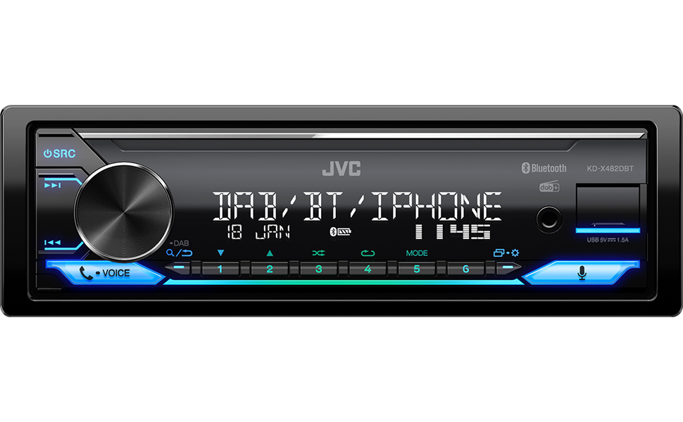 JVC KD-X482DBT автомобільна магнітола з USB, DAB+, Bluetooth, Alexa, 4x50 Вт, чорна, підсвічування, AUX, 3 Pre-Out, саундпроцесор