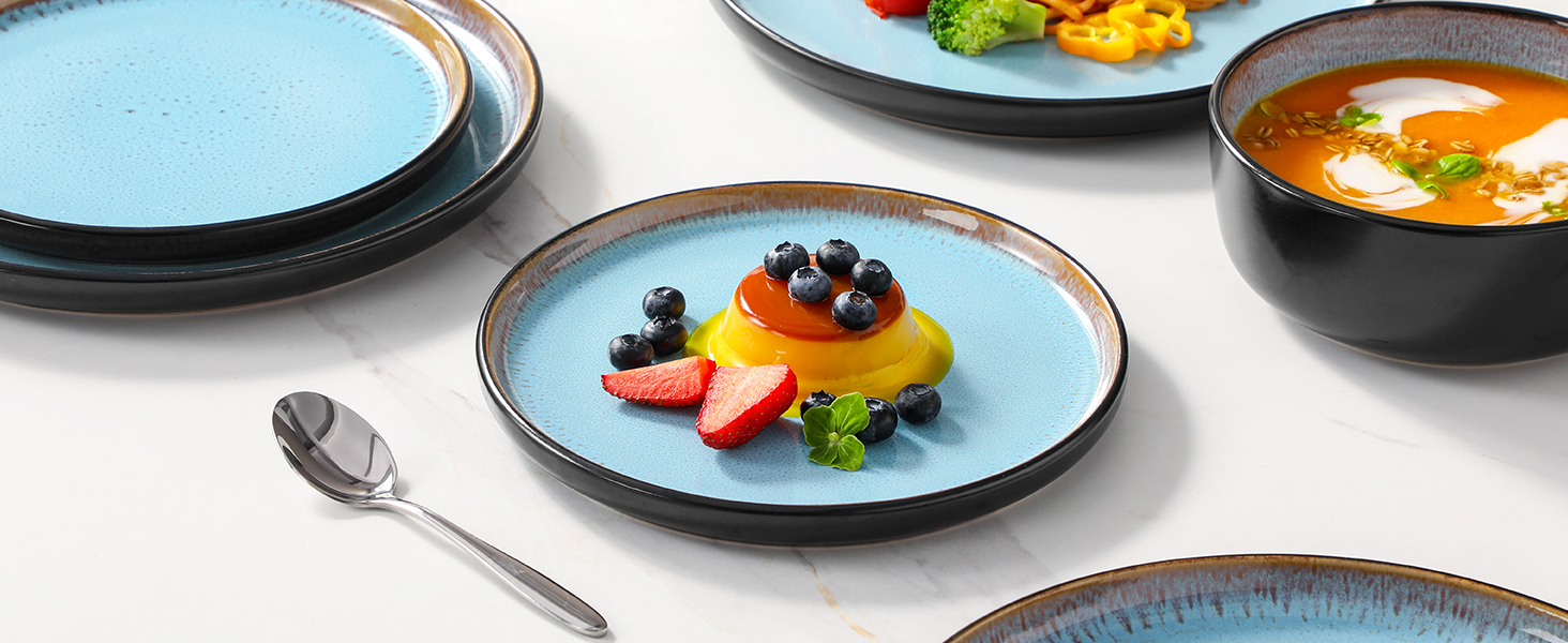 Набір посуду Steingut 24 штуки Vancasso AMBER: тарілки, супові тарілки, десертні тарілки, миски, реактивна глазур, морський блакитний, для 6 осіб, стійкий до миття в посудомийній машині