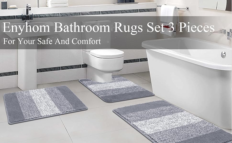 Enyhom 3-Piece Microfiber Bath Mat Set - Non-Slip Bathroom Rugs & Toilet Mat Set - Soft & Washable - Grey - 45x65cm, 50x80cm, 50x60cm