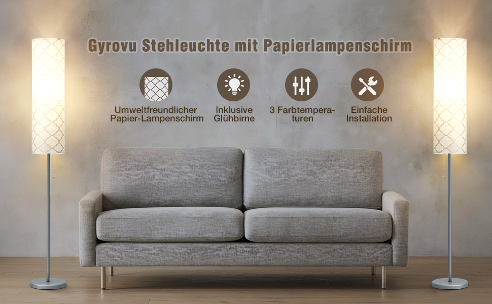 Стійка лампа GyroVu для вітальні, 65” висота, лампа для спальні з паперовим абажуром, 3 колірні температури, срібна (з лампочкою)